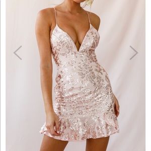 blush mini party dress with rose gold sequins